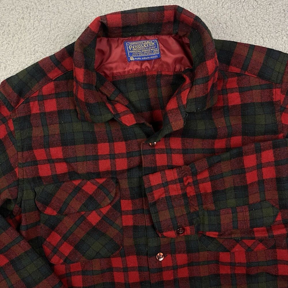 Vintage Pendleton 100% Wool Button Up Shirt Plaid Red Green USA Mens Medium